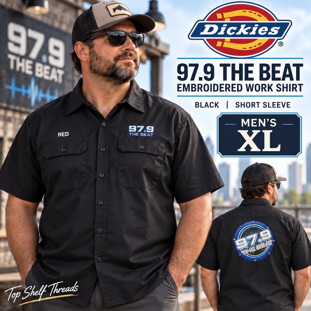 Dickies 97.9 The Beat Dallas Radio Men XL Black Embroidered Work Shirt DFW KBFB